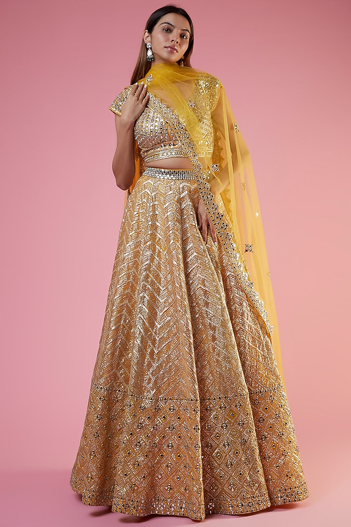 Yellow Organza Embroidered Wedding Lehenga Set by Studio Iris at Pernia's Pop Up Shop