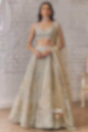 Beige Organza Zari & Sequins Embellished Bridal Lehenga Set by Studio Iris at Pernia's Pop Up Shop