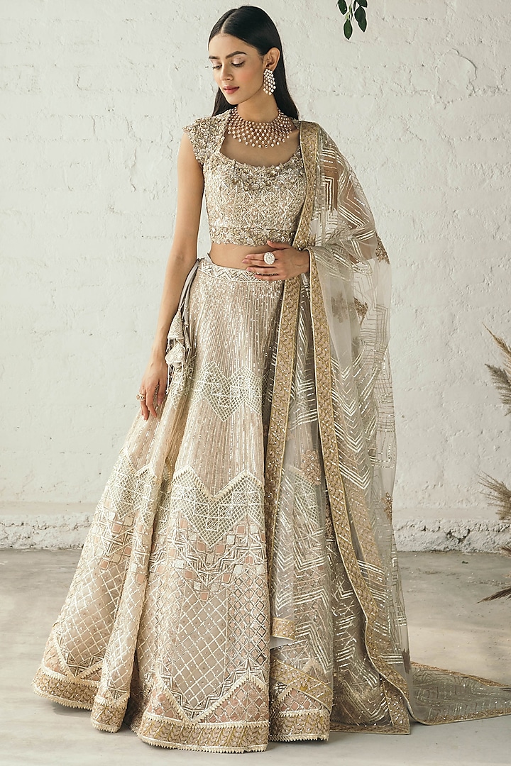 Gold & Copper Hand Embroidered Bridal Lehenga Set by Studio Iris at