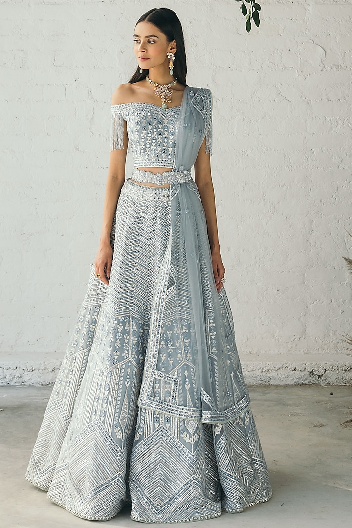 Powder Blue Hand Embroidered & Printed Lehenga Set by Studio Iris