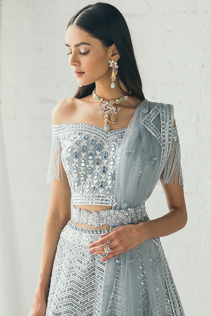Powder Blue Uniquely Designed Heavy Embroidered Lehenga Set - Clearance main image 1