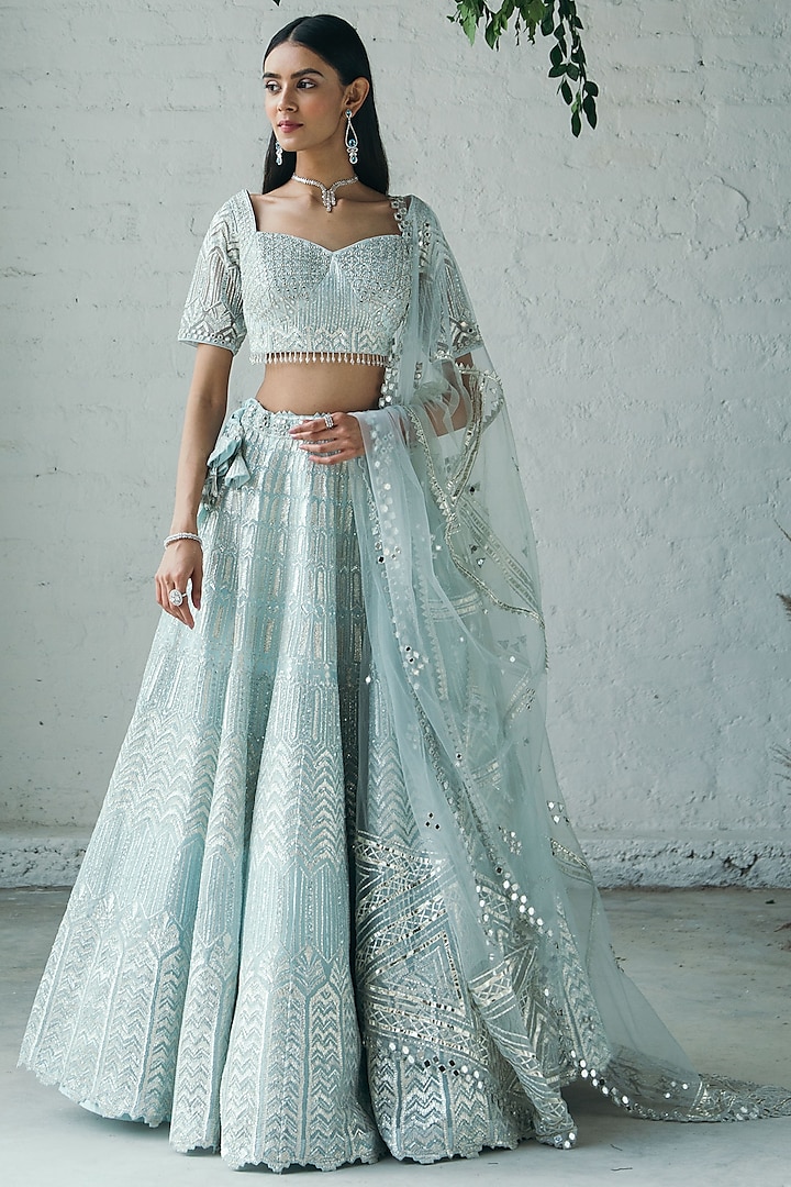 Sky Blue Hand Embroidered Bridal Lehenga Set by Studio Iris at Pernia's Pop Up Shop