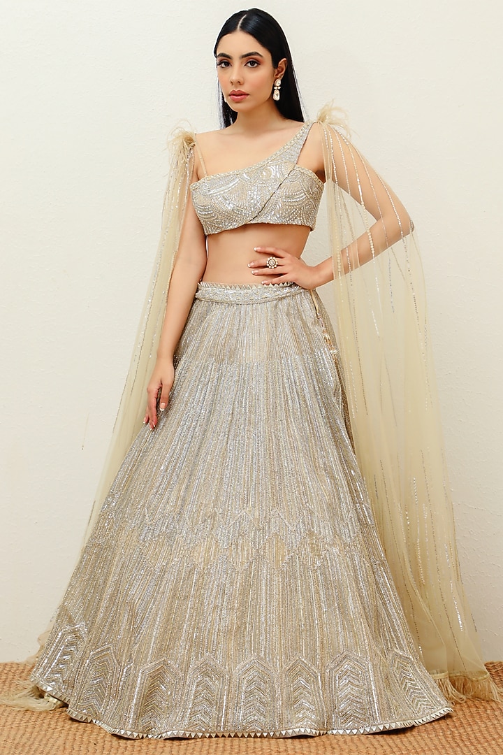 Nude & Gold Embroidered Bridal Lehenga Set by Studio Iris at Pernia's Pop Up Shop
