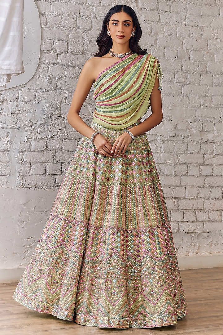 Lime Green Organza Mirror Embroidered Wedding Lehenga Set by Studio Iris at Pernia's Pop Up Shop