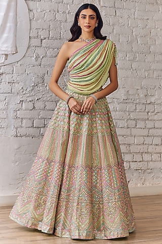 Lime Green Organza Mirror Embroidered Lehenga Set by Studio Iris