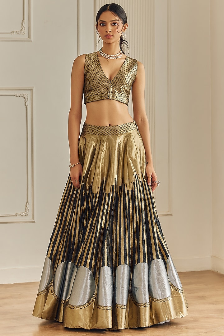 Black & Gold Banarasi Silk Metallic Lehenga Set by Studio Iris at Pernia's Pop Up Shop