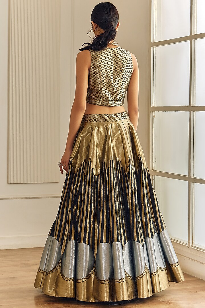 Black & Gold Banarasi Silk Metallic Wedding Lehenga Set by Studio Iris at Pernia's Pop Up Shop