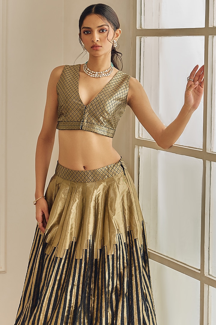 Black & Gold Banarasi Silk Metallic Wedding Lehenga Set by Studio Iris at Pernia's Pop Up Shop
