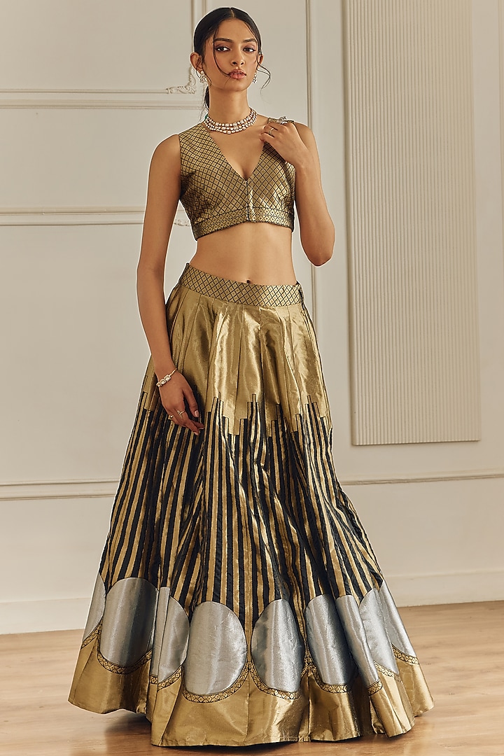 Black & Gold Banarasi Silk Metallic Wedding Lehenga Set by Studio Iris at Pernia's Pop Up Shop