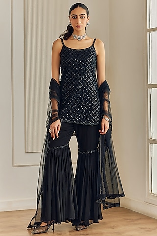 Black Georgette Sharara Set by Studio Iris