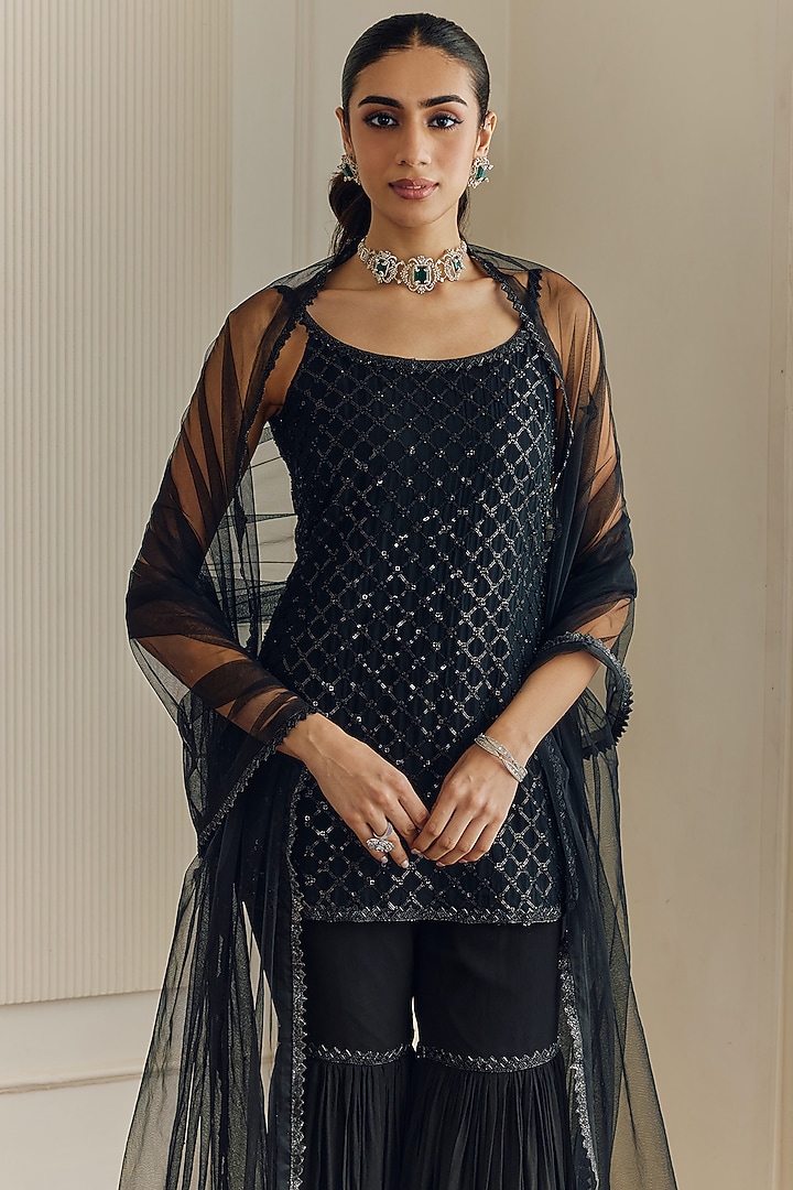 Black Georgette Wedding Sharara Set by Studio Iris at Pernia's Pop Up Shop