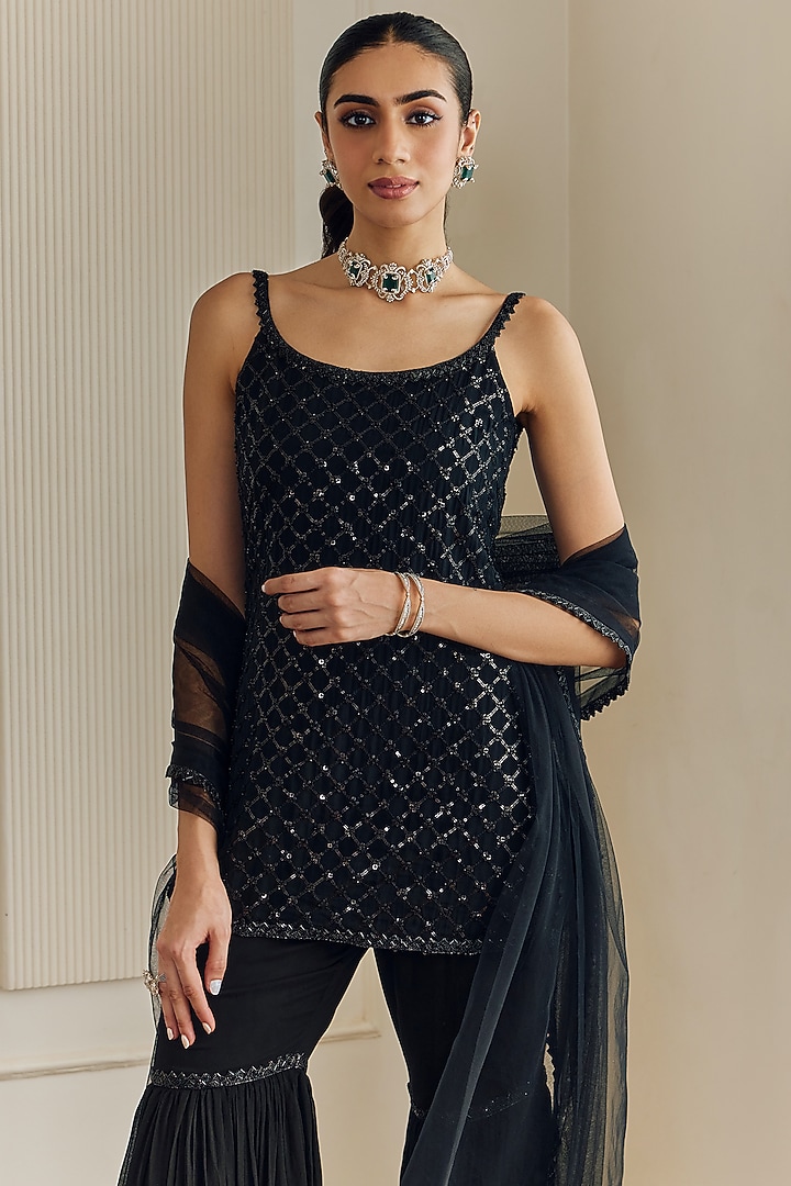 Black Georgette Wedding Sharara Set by Studio Iris at Pernia's Pop Up Shop