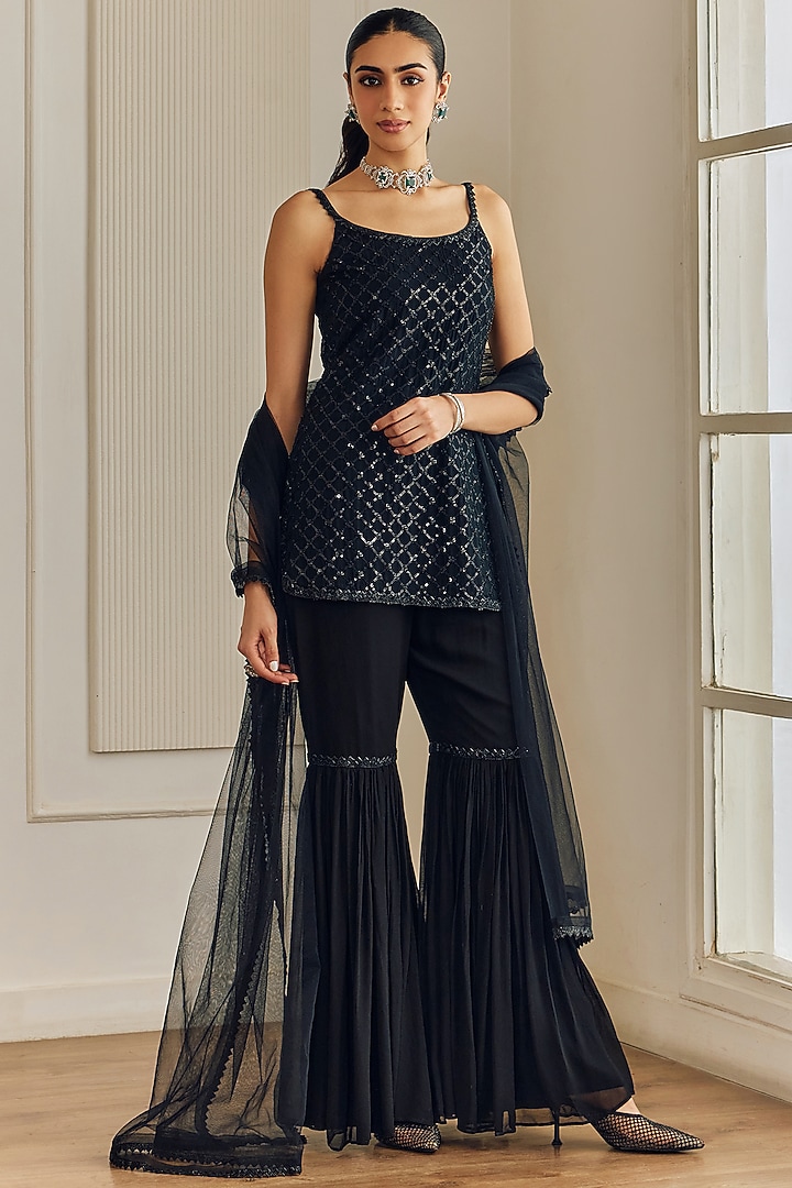 Black Georgette Wedding Sharara Set by Studio Iris at Pernia's Pop Up Shop