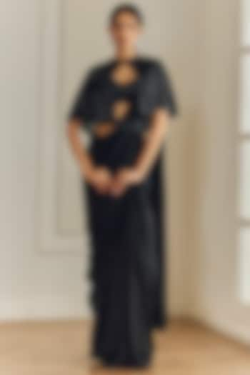 Black Crepe Pre-Draped Saree Set by Studio Iris at Pernia's Pop Up Shop