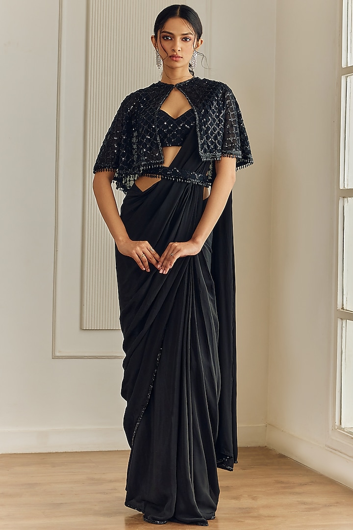 Black Crepe Pre-Draped Saree Set by Studio Iris at Pernia's Pop Up Shop