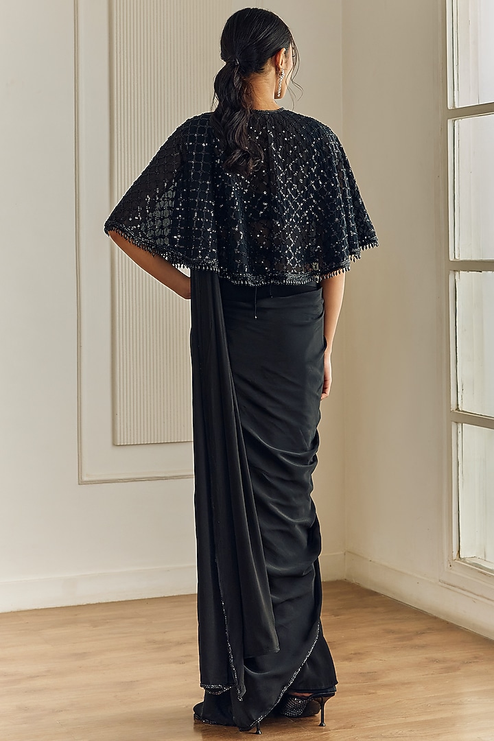 Black Crepe Pre-Draped Wedding Saree Set by Studio Iris at Pernia's Pop Up Shop