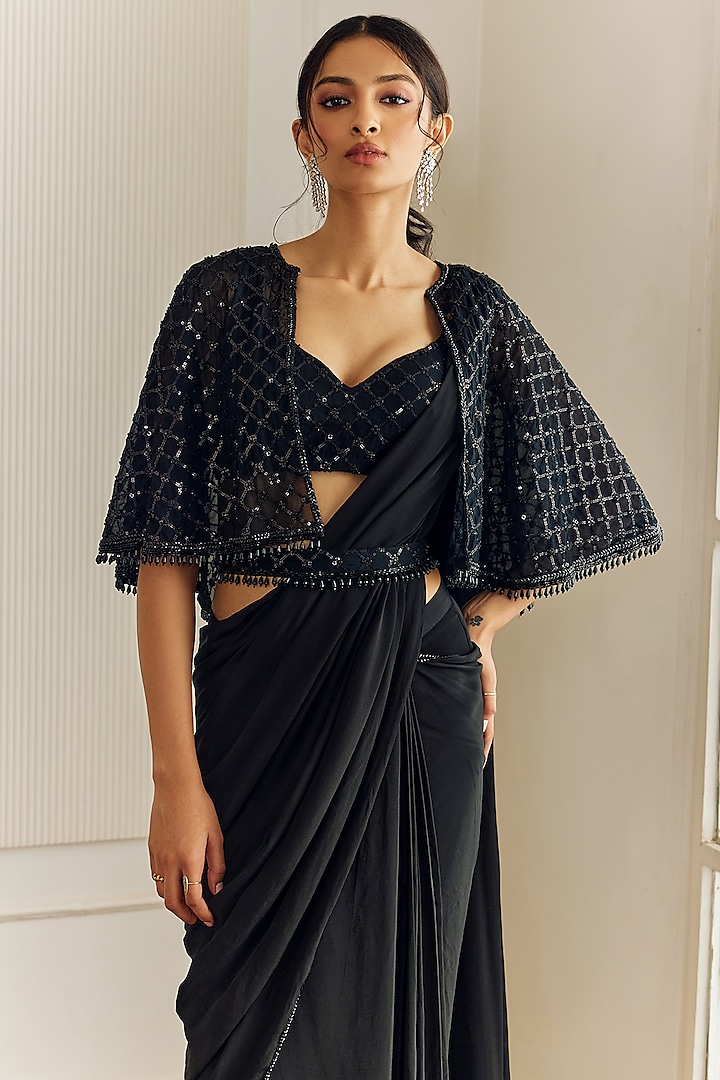 Black Crepe Pre-Draped Wedding Saree Set by Studio Iris at Pernia's Pop Up Shop