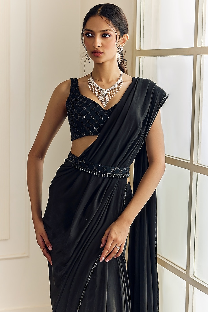 Black Crepe Pre-Draped Wedding Saree Set by Studio Iris at Pernia's Pop Up Shop