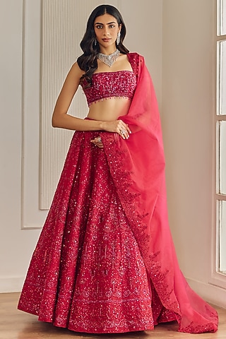 Magenta Pink Organza Sequins Embellished Lehenga Set by Studio Iris