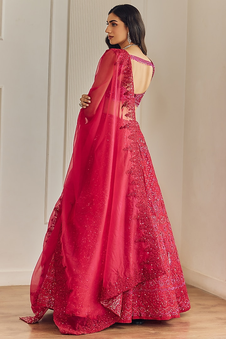 Magenta Pink Organza Sequins Embellished Bridal Lehenga Set by Studio Iris at Pernia's Pop Up Shop