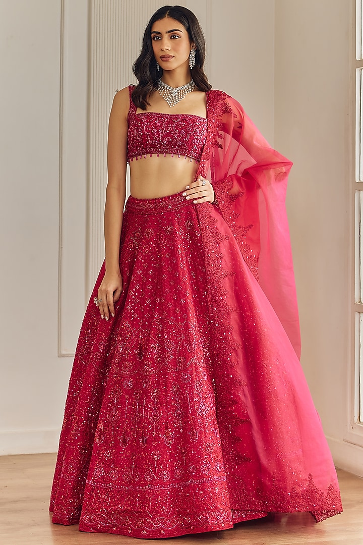 Magenta Pink Organza Sequins Embellished Bridal Lehenga Set by Studio Iris at Pernia's Pop Up Shop