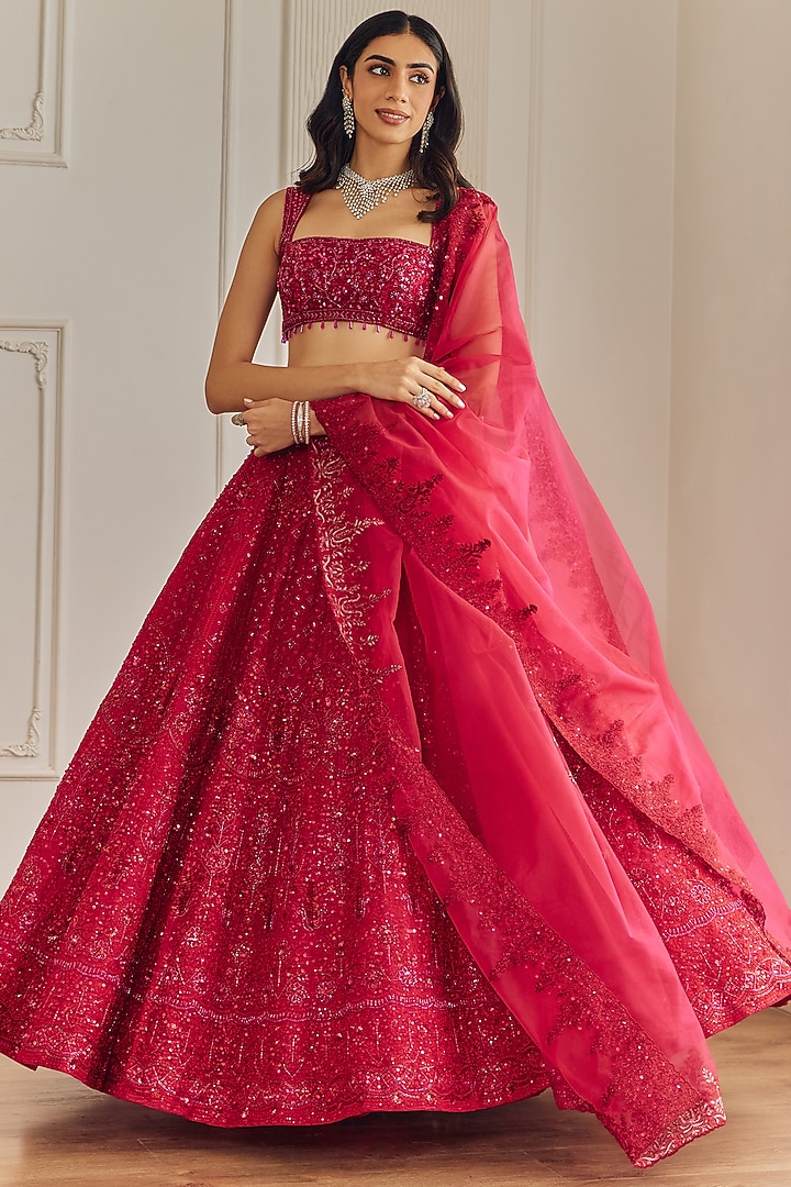 Magenta Pink Organza Sequins Embellished Bridal Lehenga Set by Studio Iris at Pernia's Pop Up Shop