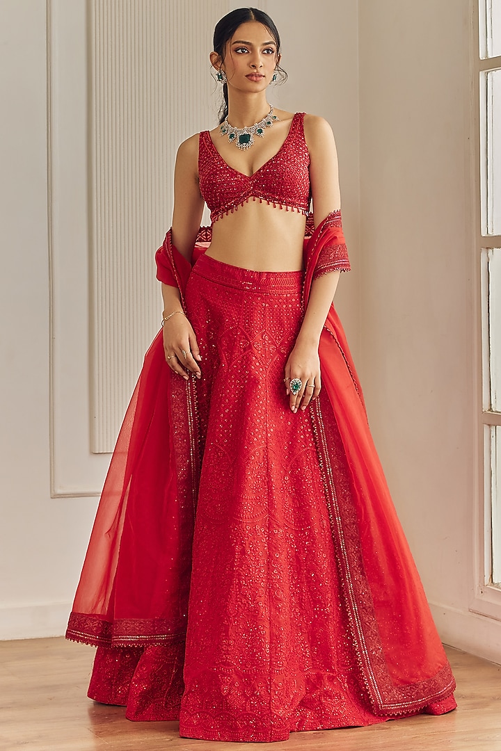 Red Organza Chikankari Embroidered Wedding Lehenga Set by Studio Iris at Pernia's Pop Up Shop