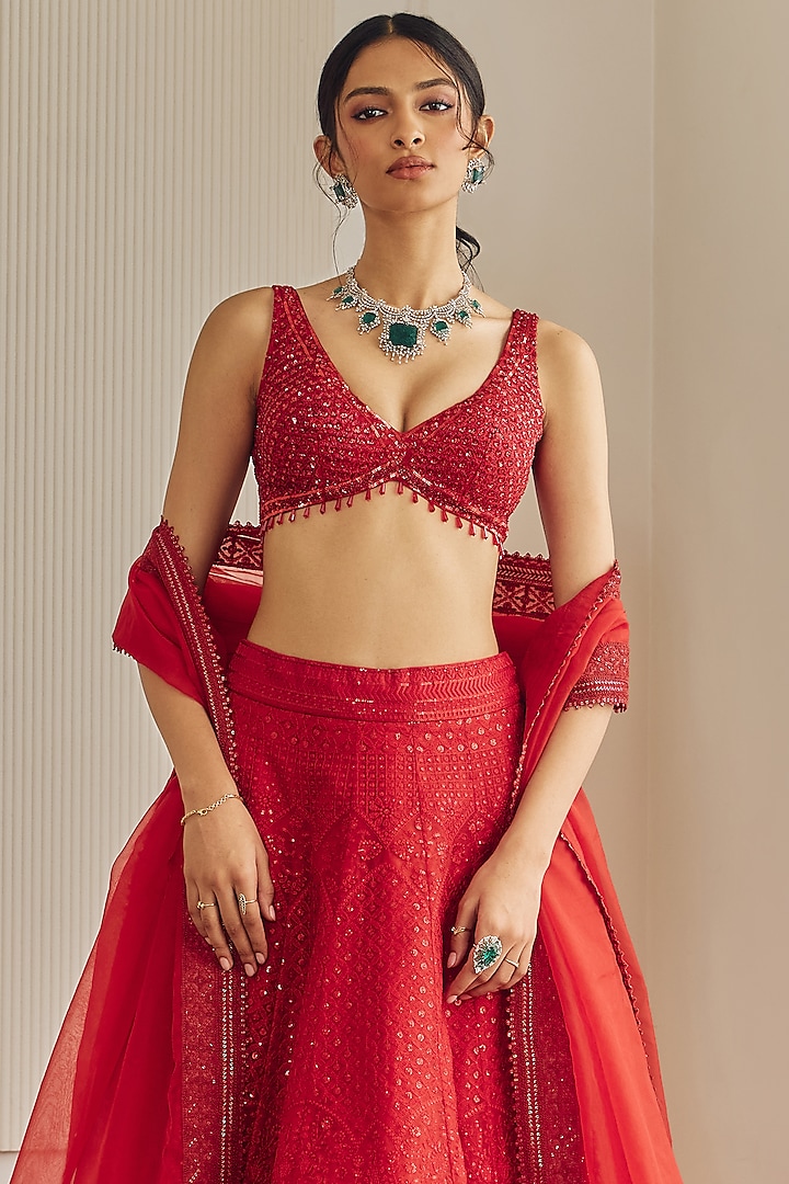 Red Organza Chikankari Embroidered Wedding Lehenga Set by Studio Iris at Pernia's Pop Up Shop