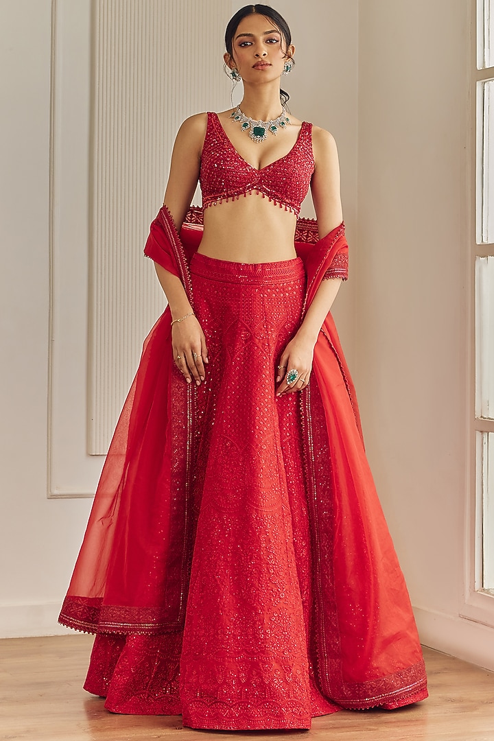 Red Organza Chikankari Embroidered Wedding Lehenga Set by Studio Iris at Pernia's Pop Up Shop