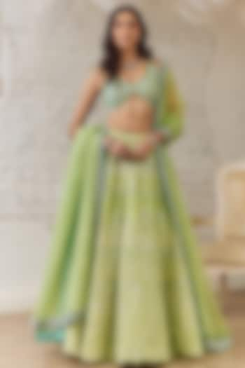 Lime Green Organza Mirror & Sequins Embellished Wedding Lehenga Set by Studio Iris at Pernia's Pop Up Shop