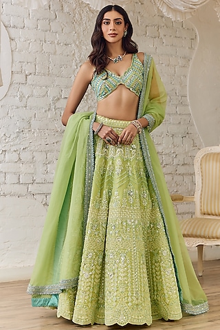 Lime Green Organza Mirror & Sequins Embellished Lehenga Set by Studio Iris