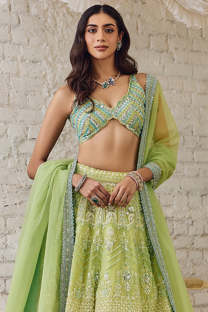 Lime Green Organza Mirror & Sequins Embellished Wedding Lehenga Set by Studio Iris at Pernia's Pop Up Shop