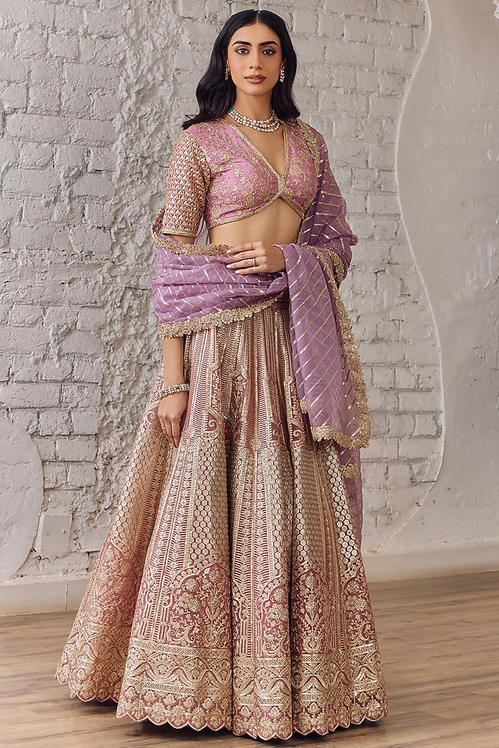 Onion Pink Organza Zari & Sequins Embellished Wedding Lehenga Set by Studio Iris at Pernia's Pop Up Shop