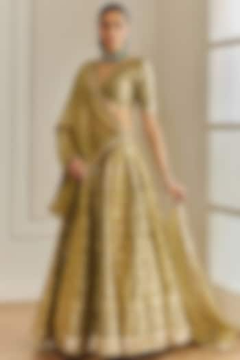 Olive Green Banarasi Silk Zari Motif Work Wedding Lehenga Set by Studio Iris at Pernia's Pop Up Shop