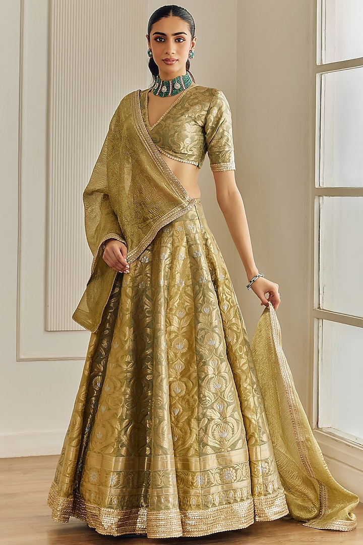 Olive Green Banarasi Silk Zari Motif Work Wedding Lehenga Set by Studio Iris at Pernia's Pop Up Shop