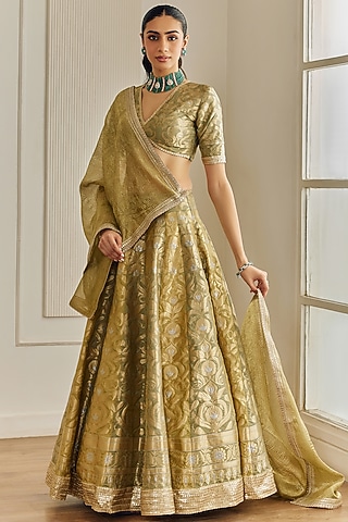 Olive Green Banarasi Silk Zari Motif Work Lehenga Set by Studio Iris