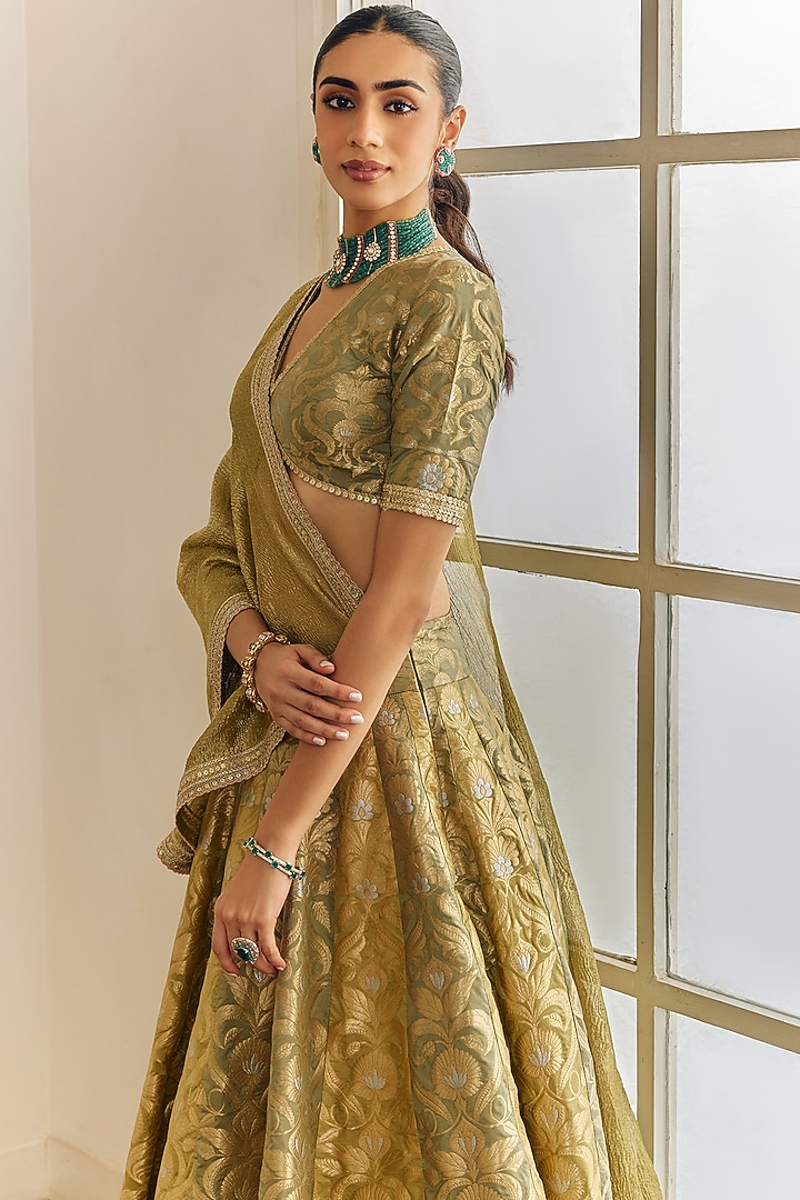 Olive Green Banarasi Silk Zari Motif Work Wedding Lehenga Set by Studio Iris at Pernia's Pop Up Shop