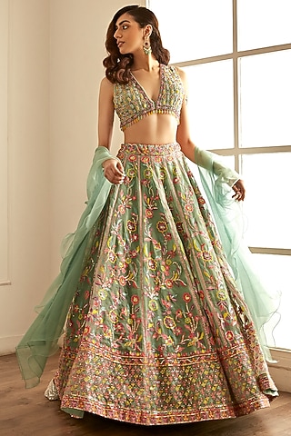 Sea Green Organza Embroidered Lehenga Set by Studio Iris