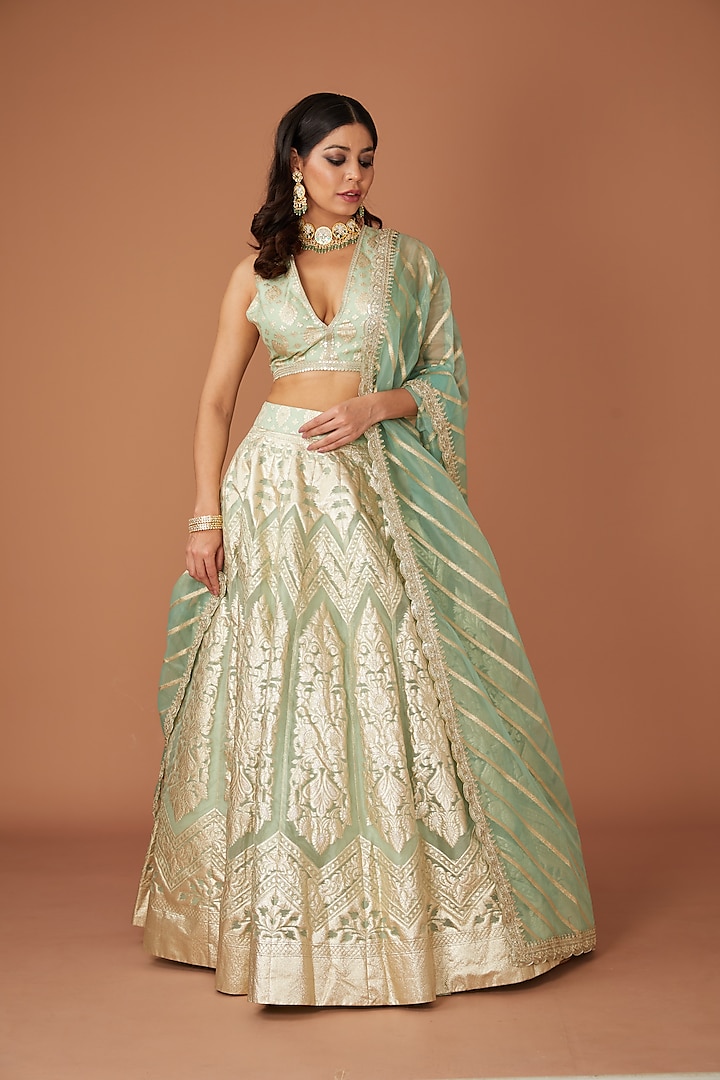 Serene Sage Green Banarasi Silk Wedding Lehenga Set by Studio Iris at Pernia's Pop Up Shop