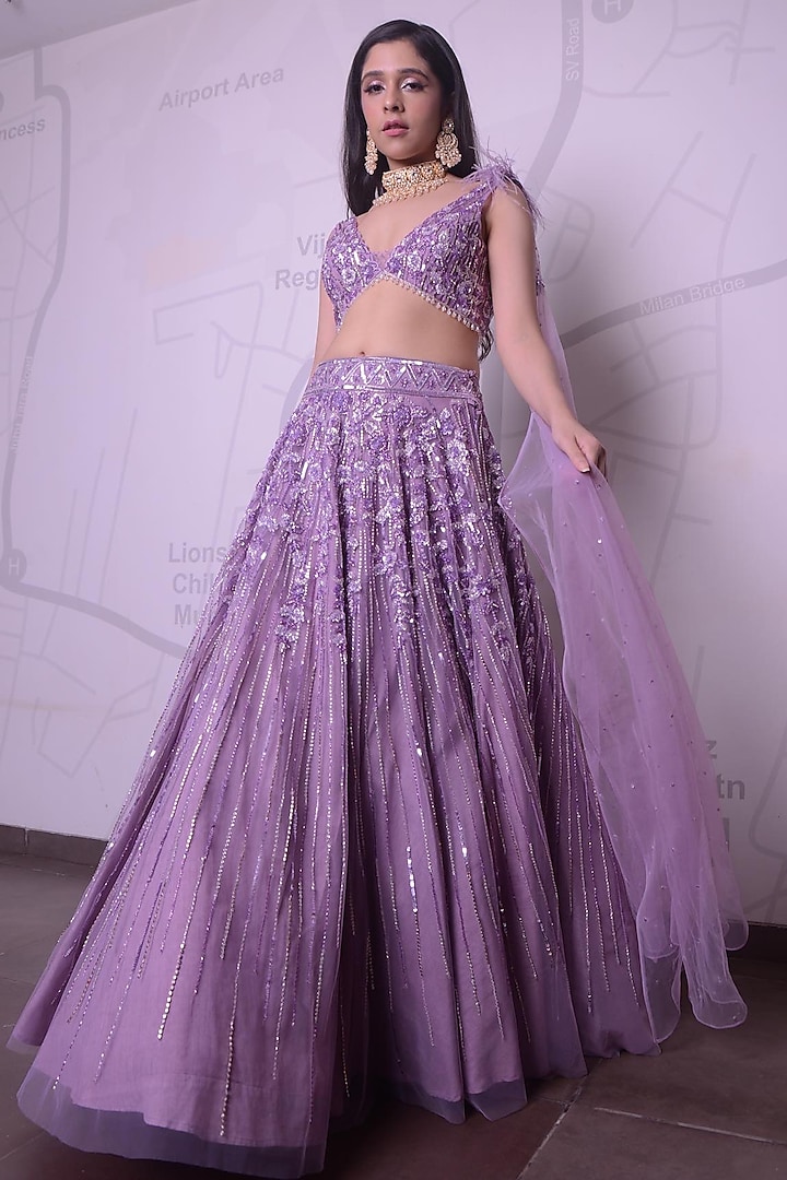 Lavender Net Crystal & Sequins Embroidered Lehenga Set by Isa by Dolly Wahal