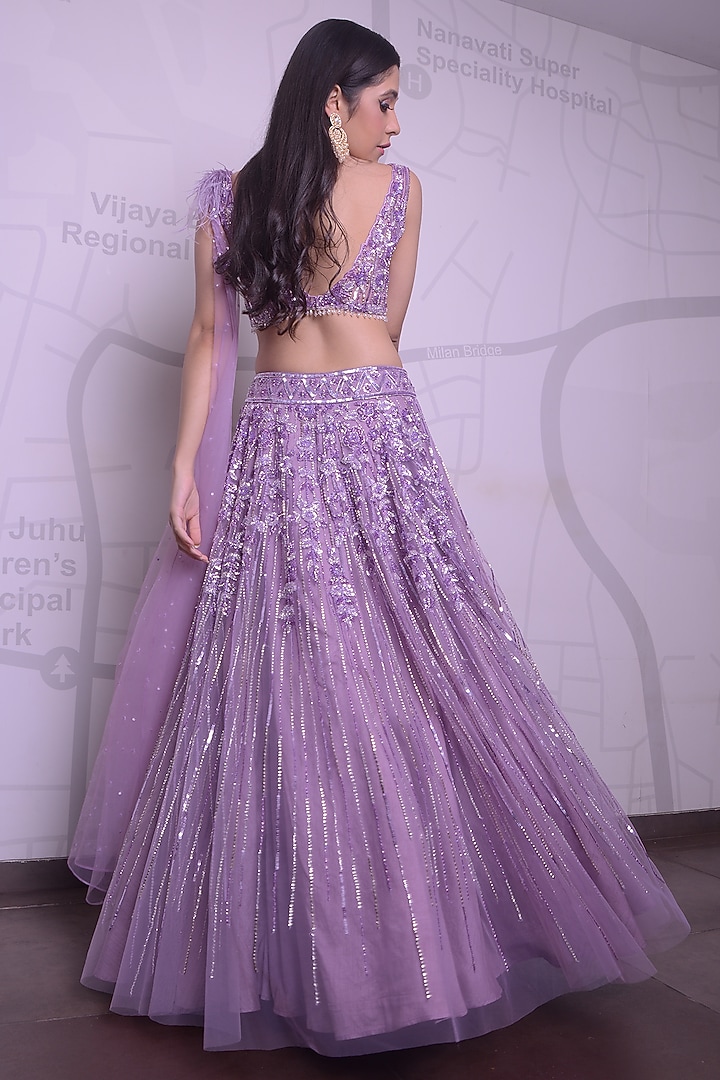 Lavender Net Crystal & Sequins Embroidered Bridal Lehenga Set by Isa by Dolly Wahal at Pernia's Pop Up Shop