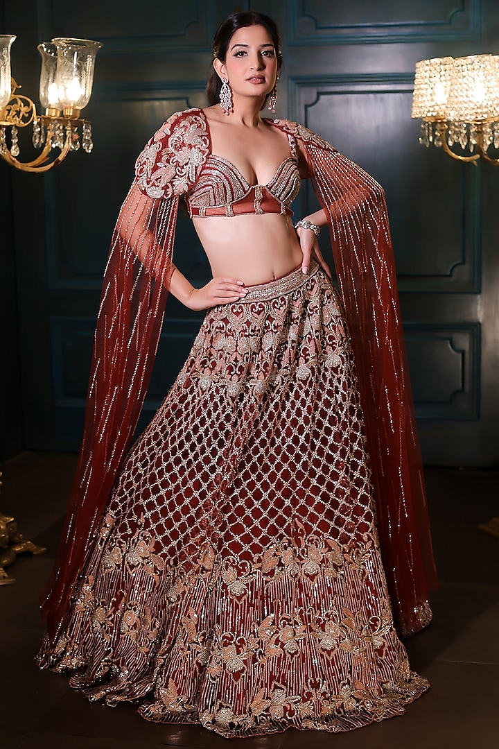 Caramel Brown Net Crystal & Bead Embroidered Lehenga Set by Isa by Dolly Wahal