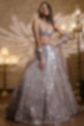 Champagne Net Sequins Embroidered Bridal Lehenga Set by Isa by Dolly Wahal at Pernia's Pop Up Shop
