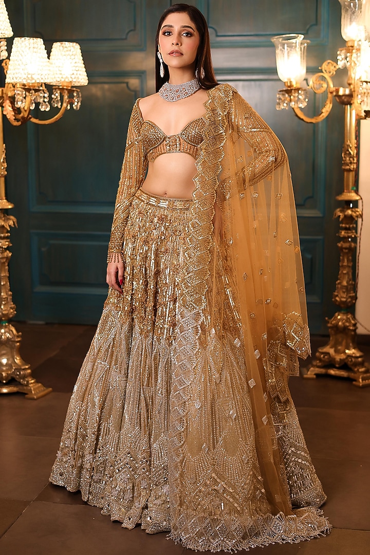 Gold & Silver Ombre Net Sequins Embroidered Bridal Lehenga Set by Isa by Dolly Wahal at Pernia's Pop Up Shop