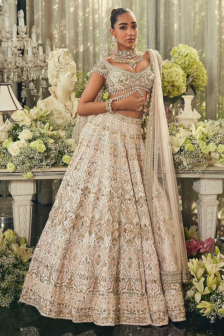 Blush Pink Raw Silk Sequins & Zardosi Embroidered Bridal Lehenga Set by Isa by Dolly Wahal at Pernia's Pop Up Shop