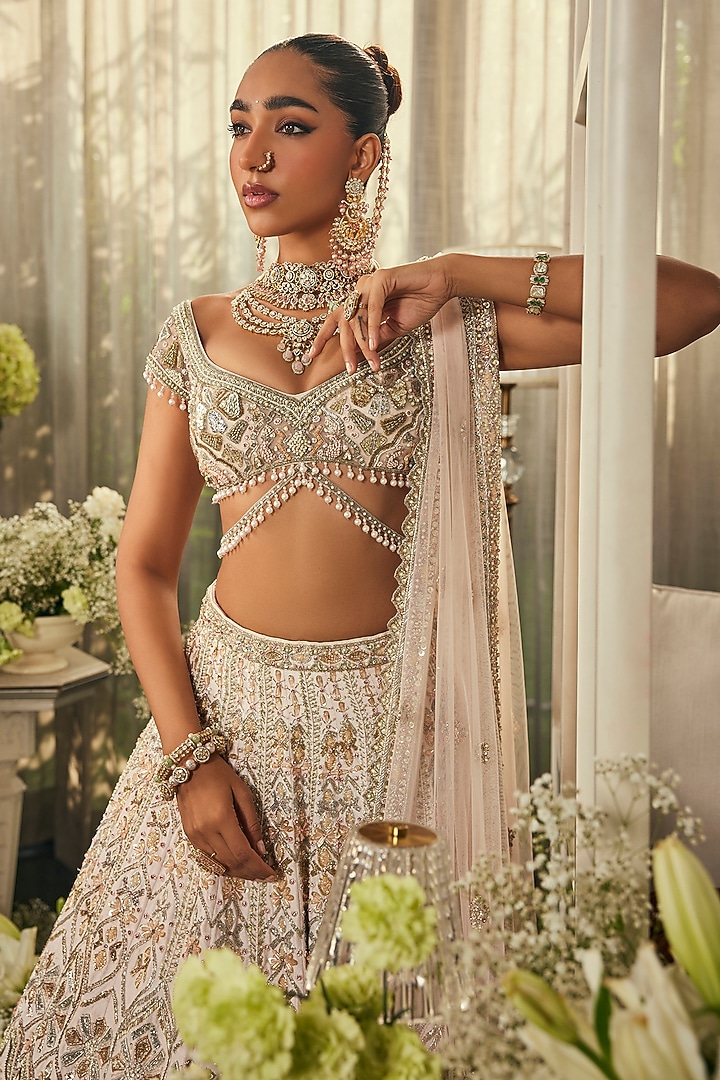 Blush Pink Raw Silk Sequins & Zardosi Embroidered Bridal Lehenga Set by Isa by Dolly Wahal at Pernia's Pop Up Shop