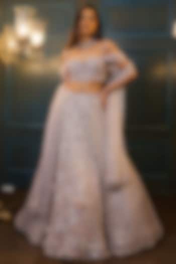 Powder Blue Net 3D Floral Embroidered Bridal Lehenga Set by Isa by Dolly Wahal at Pernia's Pop Up Shop