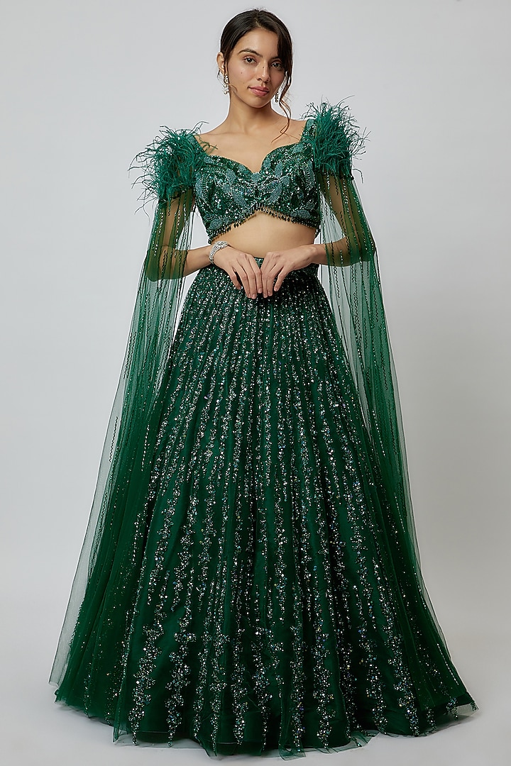 Emerald Green Net Hand Embroidered Bridal Lehenga Set by Isa by Dolly Wahal at Pernia's Pop Up Shop
