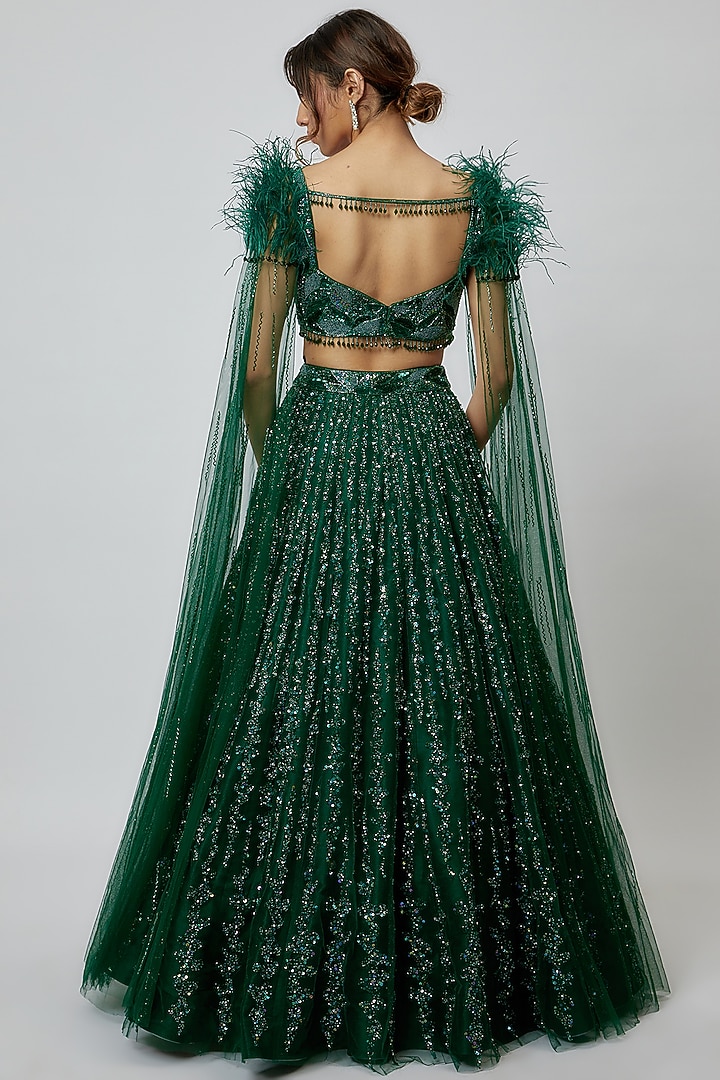 Emerald Green Net Hand Embroidered Bridal Lehenga Set by Isa by Dolly Wahal at Pernia's Pop Up Shop