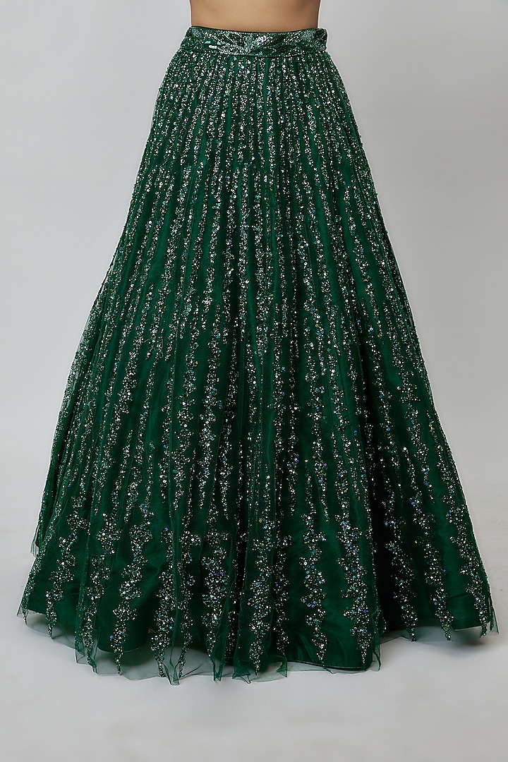 Emerald Green Net Hand Embroidered Bridal Lehenga Set by Isa by Dolly Wahal at Pernia's Pop Up Shop